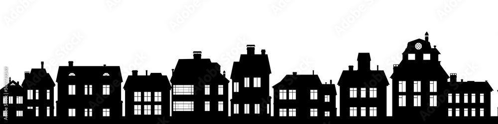 Black Silhouettes of village houses with windows. Horizontal seamless composition. Small city houses residential quarters. Cityscape with buildings. Isolated on white background. Housing Vector