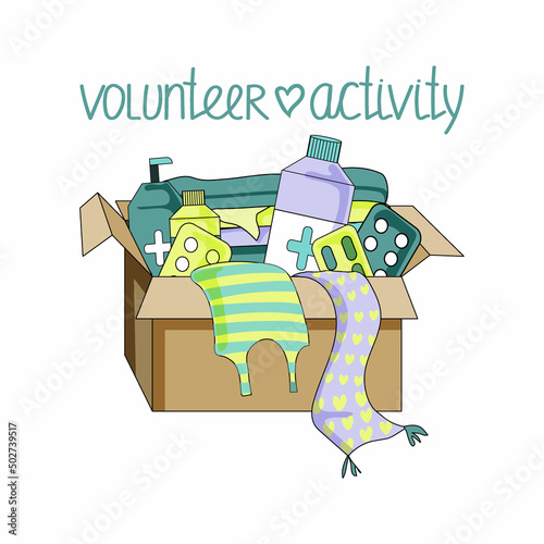 A box of clothes and medicine. Humanitarian aid and charitable donations for refugees, volunteer work. Vector illustration in the style of a flat cartoon