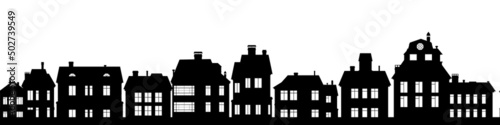 Black Silhouettes of village houses with windows. Horizontal seamless composition. Small city houses residential quarters. Cityscape with buildings. Isolated on white background. Housing Vector © Ирина Мордвинкина