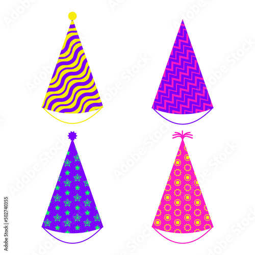 Birthday party hats set isolated on white background. Colorful paper caps with stars, ellipses, waves, zigzags. Cartoon vector illustration for celebration. Flat holiday decoration © Nadia Stam