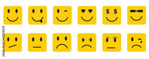 Set of square smileys. On the right are yellow square smileys with round corners. Vector illustration