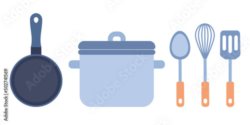 Kitchen utensils set icon. Kitchenware. Cooking tools. Pan, skillet, spatula, whisk, ladle. Vector flat illustration 