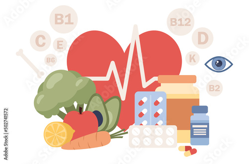 Vitamins complex. Healthy lifestyle. Vitamin pills and multi vitamin supplements against natural food. Vector flat illustration 