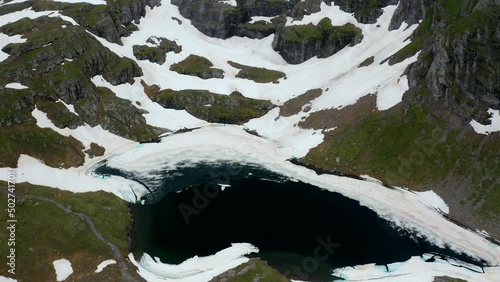 Aerial top down view of a partly frozen lake in the swiss alps at Pizol, Glarus Alps. Schottensee photo