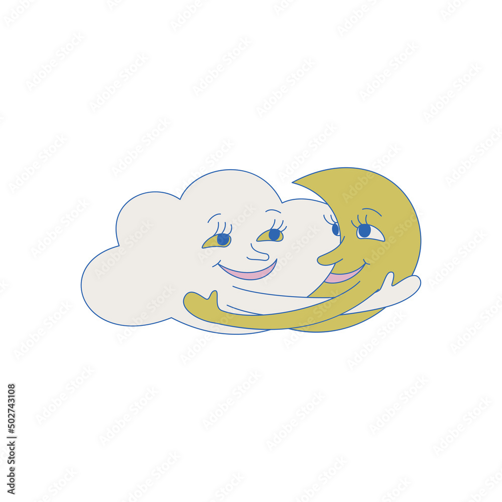 Moon and cloud embrace isolated vector illustration. Cute element for design, cards, cover etc. Moon and cloud embrace isolated vector illustration. Cute element for design, cards, cover etc.