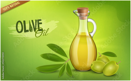 Green Olive fruit vector illustration with Olive Oil bottle on green background