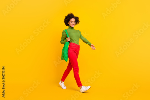 Full size profile side photo of young lady go shop mall grocery discount isolated over yellow color background © deagreez
