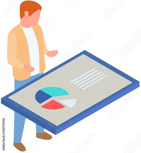 Analytics information and development statistics. Web analysis measure, product testing technology. Man analyses dashboard seo optimization, digital report. Statistical indicators and data on diagram