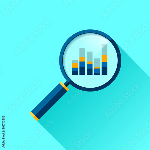 Magnifying glass icon in flat style. Search loupe on color background. Business analytic illustration. Design object for you project. Raster copy