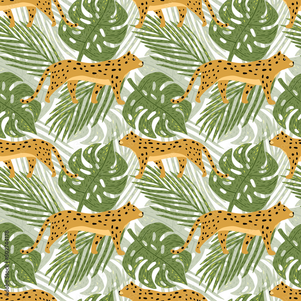Obraz premium Cute jaguar and tropical leaves seamless pattern. Leopards in rainforest wallpaper. Cheetah and palm leaves endless background. Botanical backdrop.