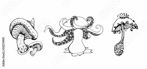 Fantasy decorative set of hand drawn magic mushrooms various shape on white background. Vector illustration