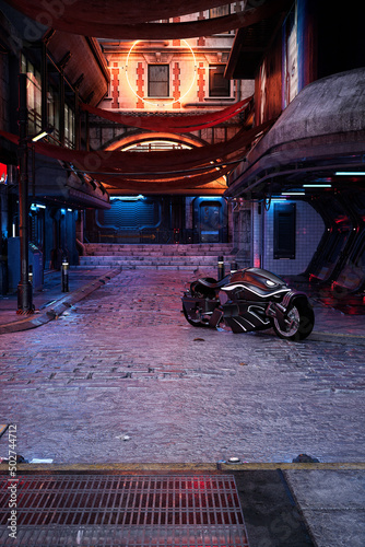 Portrait format 3D illustration of cyberpunk city street at night with a fantasy futuristic motorcycle parked on the corner.