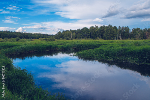 Picturesque blue lake summer landscape for outdoors vacation. Blue sky and clouds reflection in clear pond water with lush greenery forest in the background.