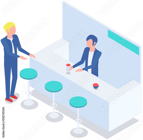 Man buys drinks at bar. Bartender prepares cocktails for visitors. Chairs near bar with alcoholic beverages. Sale of snacks and alcohol. Modern furniture and interior elements for cafe or nightclub