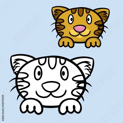 Cute cartoon orange kitten with brown stripes looks and smiles  cat face   vector