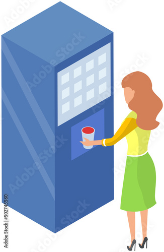Woman buying water in vending machine. Female character uses automated self service device with snack and beverages. Modern equipment for office or business center. Appliance with food and drinks