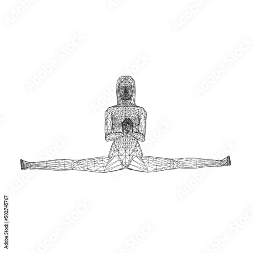 Wireframe of a girl sitting on a twine with closed hands from black lines isolated on a white background. Front view. 3D. Vector illustration.