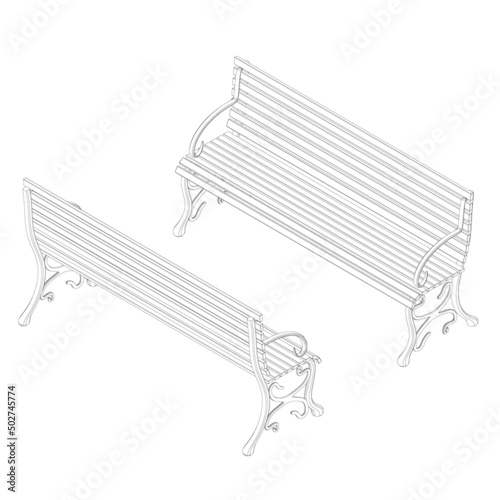 Outline of a street bench from black lines isolated on a white background. Isometric view. Vector illustration.