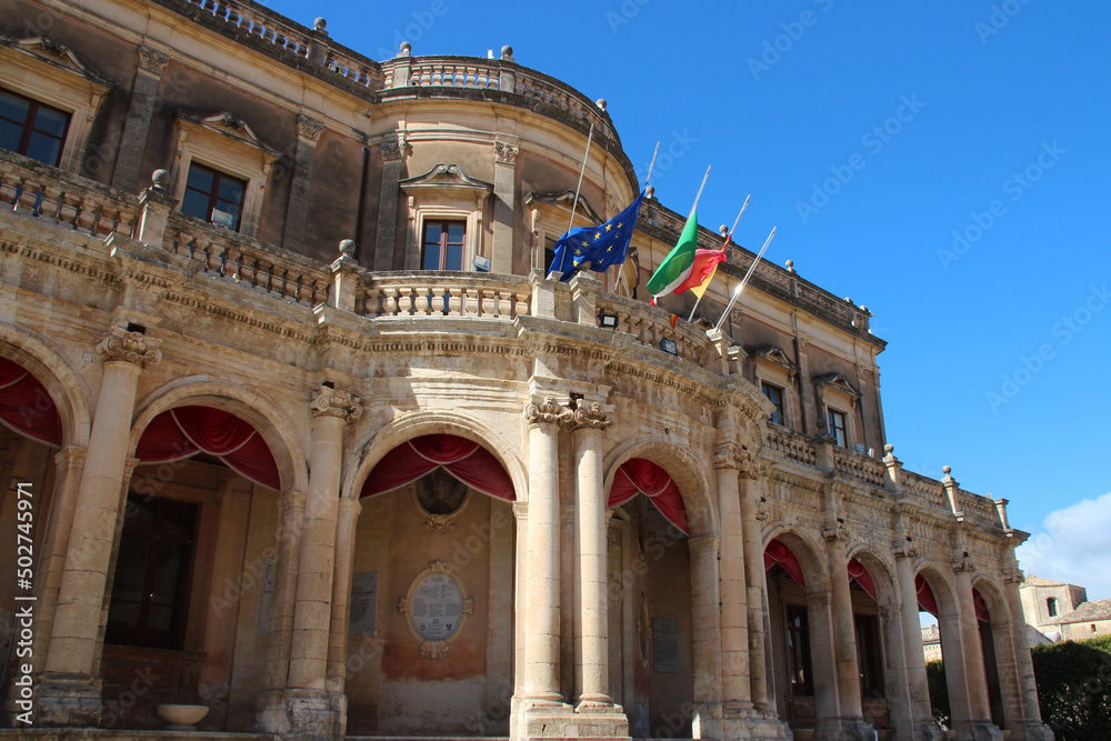 baroque palace (ducezio), actual town hall, in noto in sicily (italy) 