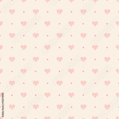 Retro seamless pattern. Pink polka dot and hearts on beige background