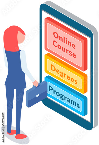 Online education concept, woman standing at mobile phone with educational app in screen - distant e-learning. Self education, courses, distance studying, self education, digital library, webinar