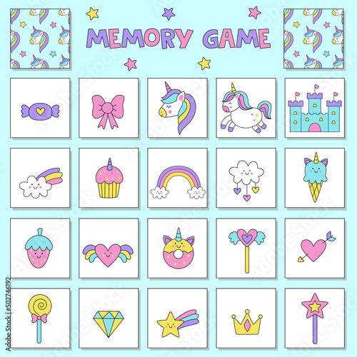 Educational memory game for children, vector cards with cute unicorn elements.