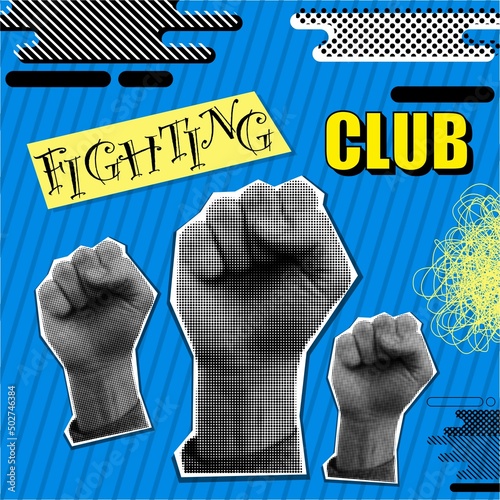 Art collage with fist hand