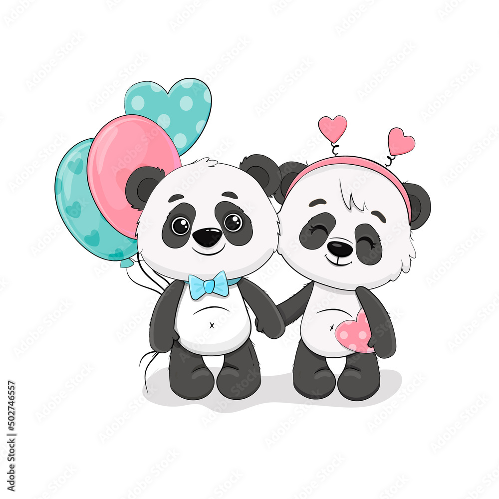 Two cute Cartoon Pandas on a white background with heart and balloons.Valentine's day card.Vector Two cute Cartoon Pandas on a white background with heart and balloons.Valentine's day card.Vector