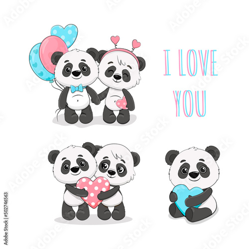 Two cute cartoon pandas with balloons and hearts for cards Valentine s Day  birthday  Mother s Day  wedding.Panda couple.Vector