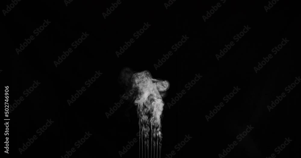Slow motion multi stream exhaust cloud that comes from the bottom center of frame and moves to the top. Shot on black for easy compositing.