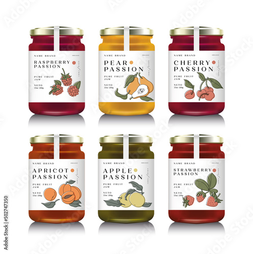 Vector illustration glass jars with with various of jam or honey. Packaging collection. Mock up jam jars with design labels.