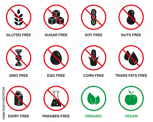 Organic Natural Food for Vegan Symbol. Silhouette Set Black Icon. Sugar, GMO, Dairy, Nitrates, Trans Fat, Sugar, Soy, Sugar, Corn, Milk, Paraben and Gluten Forbidden Sign. Vector Illustration