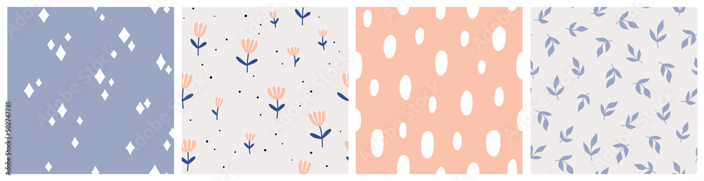 Seamless pattern with flowers, twigs and abstract elements. Vector backgrounds with hand drawn plants, drops, abstract shapes. Creative texture for fabric, textile