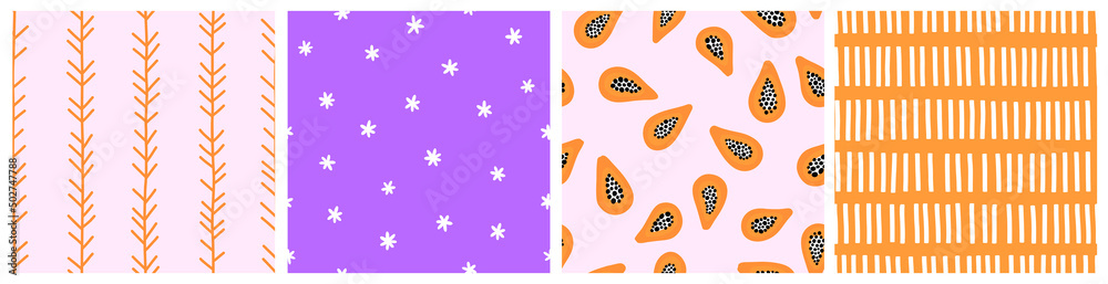 Seamless pattern with papaya fruit and abstract elements. Vector backgrounds with hand drawn plants, abstract shapes. Creative texture for fabric, textile Seamless pattern with papaya fruit and abstract elements. Vector backgrounds with hand drawn plants, abstract shapes. Creative texture for fabric, textile