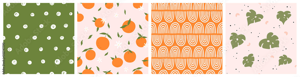 Seamless pattern with oranges, monstera leaves and abstract elements. Vector backgrounds with hand drawn fruits, plants, rainbows, dots. Creative texture for fabric, textile