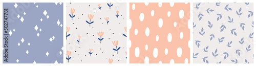 Seamless pattern with flowers, twigs and abstract elements. Vector backgrounds with hand drawn plants, drops, abstract shapes. Creative texture for fabric, textile