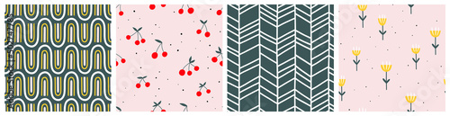 Seamless pattern with cherry, flowers and abstract elements. Vector backgrounds with hand drawn berries, flowers, abstract shapes. Creative texture for fabric, textile