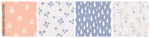 Seamless pattern with Blueberries, flowers and abstract elements. Vector backgrounds with hand drawn berries, plants, rainbows, drops. Creative texture for fabric, textile