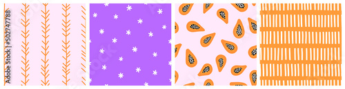 Seamless pattern with papaya fruit and abstract elements. Vector backgrounds with hand drawn  plants, abstract shapes. Creative texture for fabric, textile
