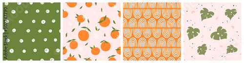 Seamless pattern with oranges, monstera leaves and abstract elements. Vector backgrounds with hand drawn fruits, plants, rainbows, dots. Creative texture for fabric, textile