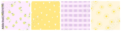 Seamless pattern with apples, sun, hearts, and abstract elements. Vector backgrounds with hand drawn fruits, checkered pattern. Creative texture for fabric, textile