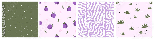 Seamless pattern with plums, plants and abstract elements. Vector backgrounds with hand drawn fruits, Matisse inspired branches, dots. Creative texture for fabric, textile