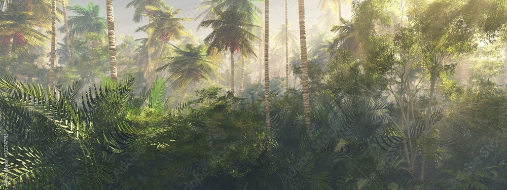 Jungle, rainforest during the plank, palm trees in the morning in the fog, jungle in the haze, 3D rendering