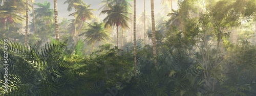 Jungle  rainforest during the plank  palm trees in the morning in the fog  jungle in the haze  3D rendering