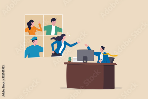 Hybrid work employee choice to remote work from home or come to office, flexible workplace for productivity concept, businessman sitting in office talk in conference call with people work from home.
