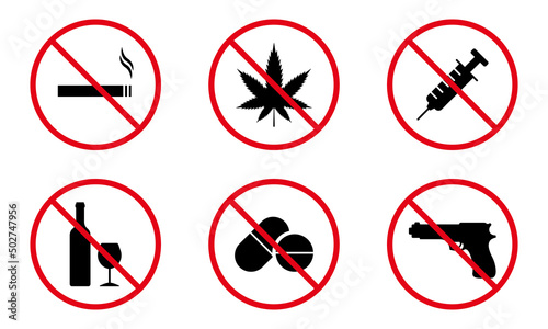 Ban Illegal Drug, Drink Alcohol, Take Pill, Smoke Cigarette, Gun Silhouette Icon Set. Danger Addiction, Warning Weapon Forbidden Zone Pictogram. Narcotic Stop Symbol. Isolated Vector Illustration