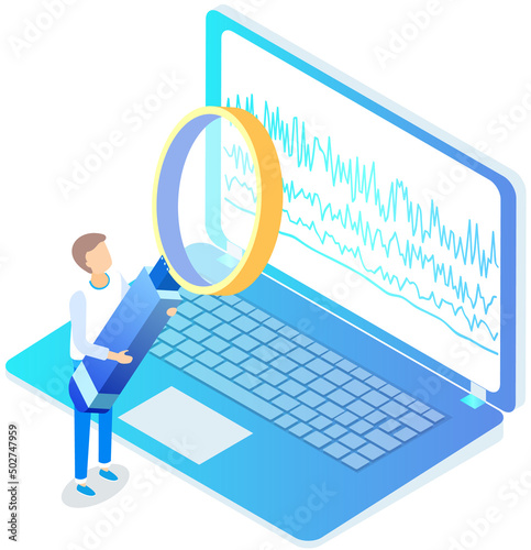 Analytics information and development statistics. Web analysis measure, product testing technology. Man analyses dashboard seo optimization, digital report. Statistical indicators and data on diagram