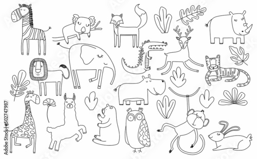 cartoon big set of cute doodle animals.