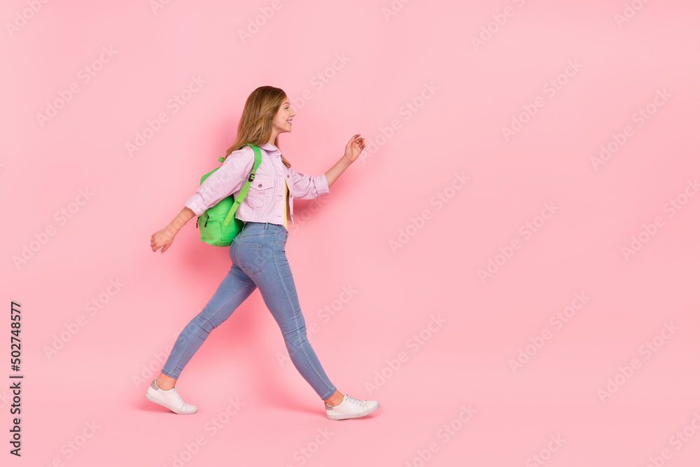 Full size profile side photo of young pretty girl go rush lesson spring isolated over pink color background