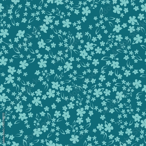 Seamless vintage pattern. Small light blue flowers and leaves. Dark turquoise background. vector texture. fashionable print for textiles, wallpaper and packaging.
